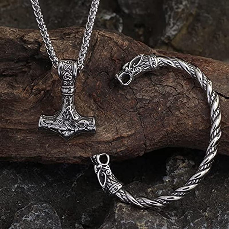 Viking retro rúna kalapács nyaklánc és farkasfej karkötő – ékszerkészlet