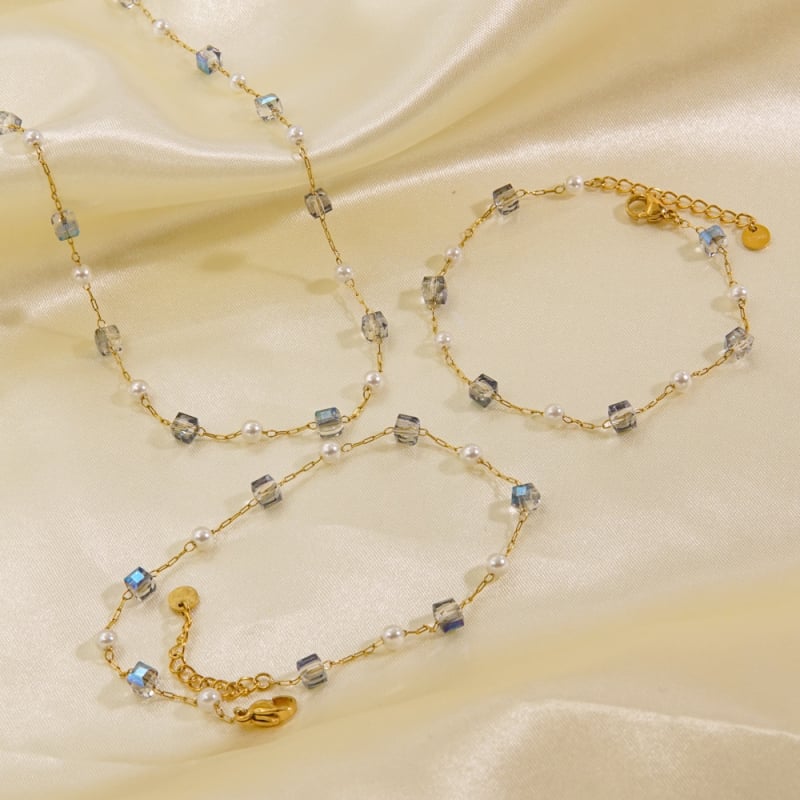 Set de bijuterii cu mărgele de cristal: colier, brățară și brățară de gleznă