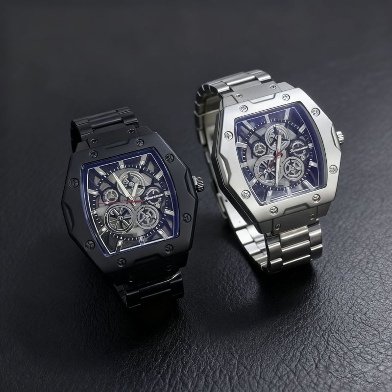 Férfi skeletál quartz óra acél szíjjal – divatos megjelenés, 43 mm tárcsa