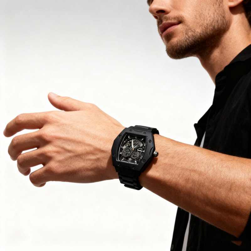 Férfi skeletál quartz óra acél szíjjal – divatos megjelenés, 43 mm tárcsa