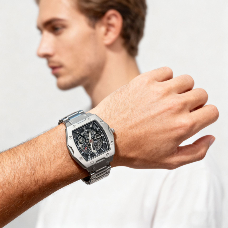 Férfi skeletál quartz óra acél szíjjal – divatos megjelenés, 43 mm tárcsa