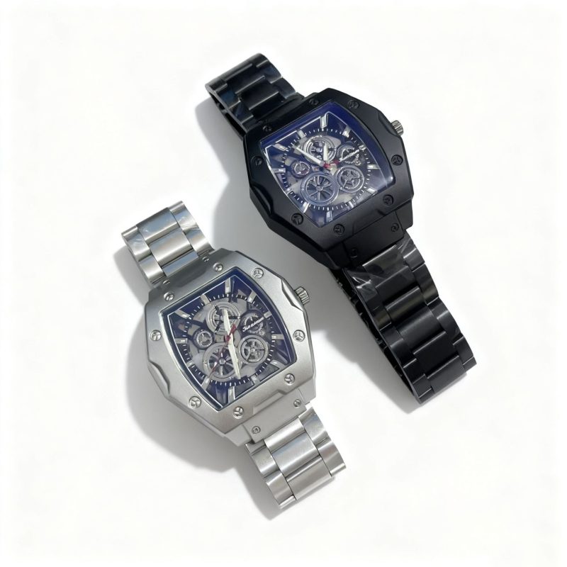 Férfi skeletál quartz óra acél szíjjal – divatos megjelenés, 43 mm tárcsa
