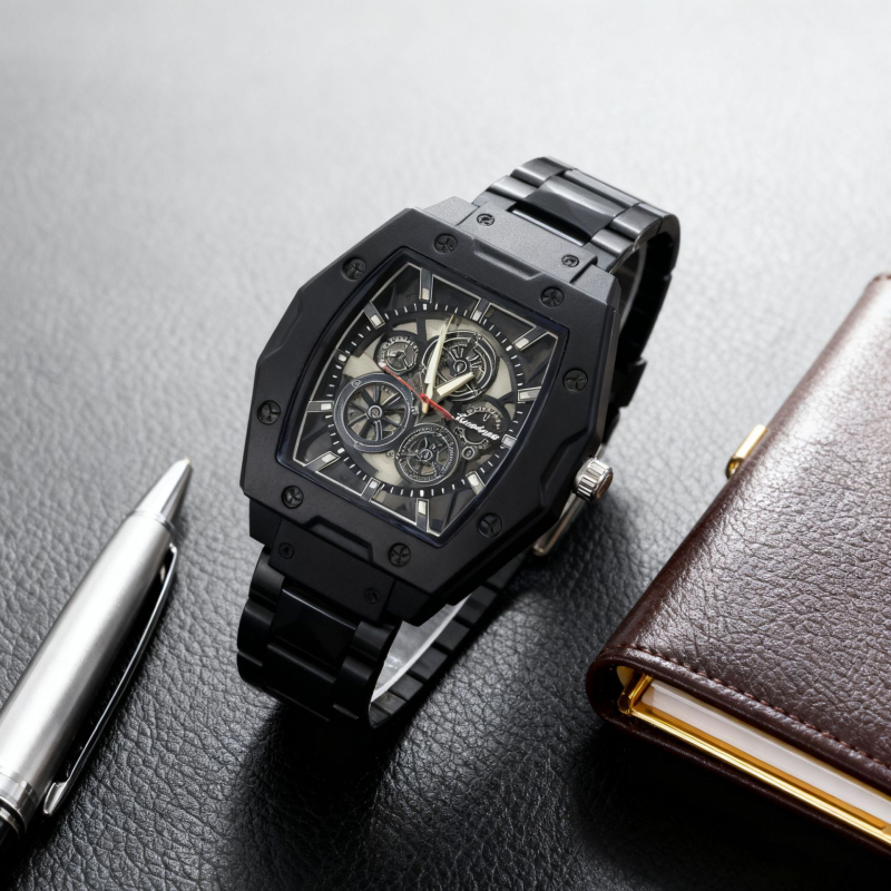 Férfi skeletál quartz óra acél szíjjal – divatos megjelenés, 43 mm tárcsa