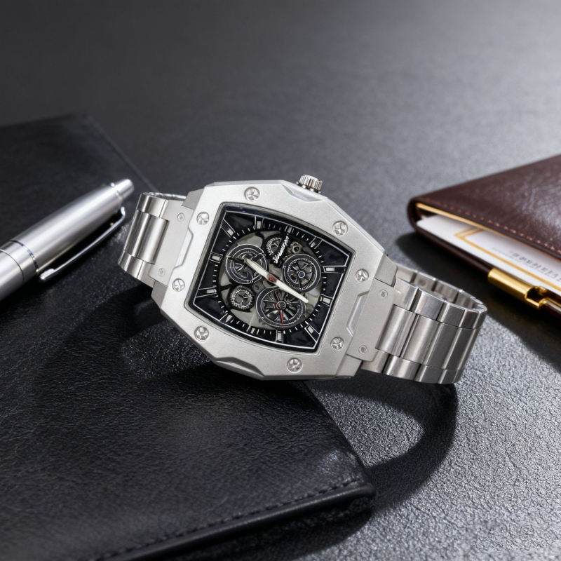 Férfi skeletál quartz óra acél szíjjal – divatos megjelenés, 43 mm tárcsa
