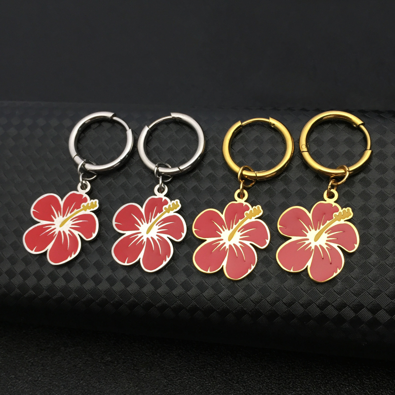 Hawaii-stílusú fülbevaló hibiszkusz virággal, rozsdamentes acélból, patinált felület