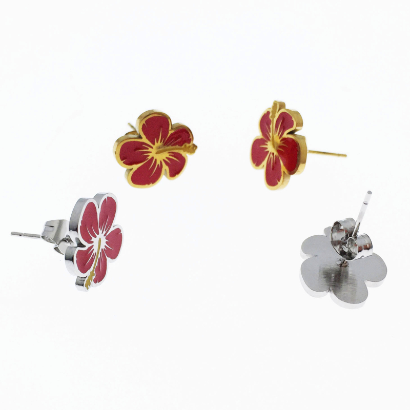 Hawaii-stílusú fülbevaló hibiszkusz virággal, rozsdamentes acélból, patinált felület