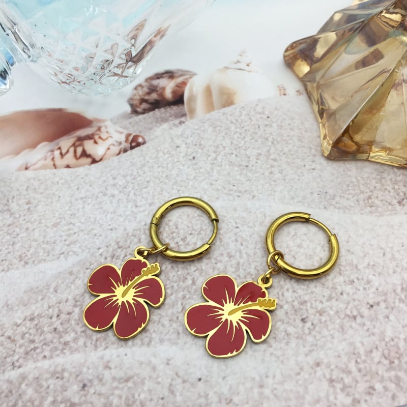 Hawaii-stílusú fülbevaló hibiszkusz virággal, rozsdamentes acélból, patinált felület