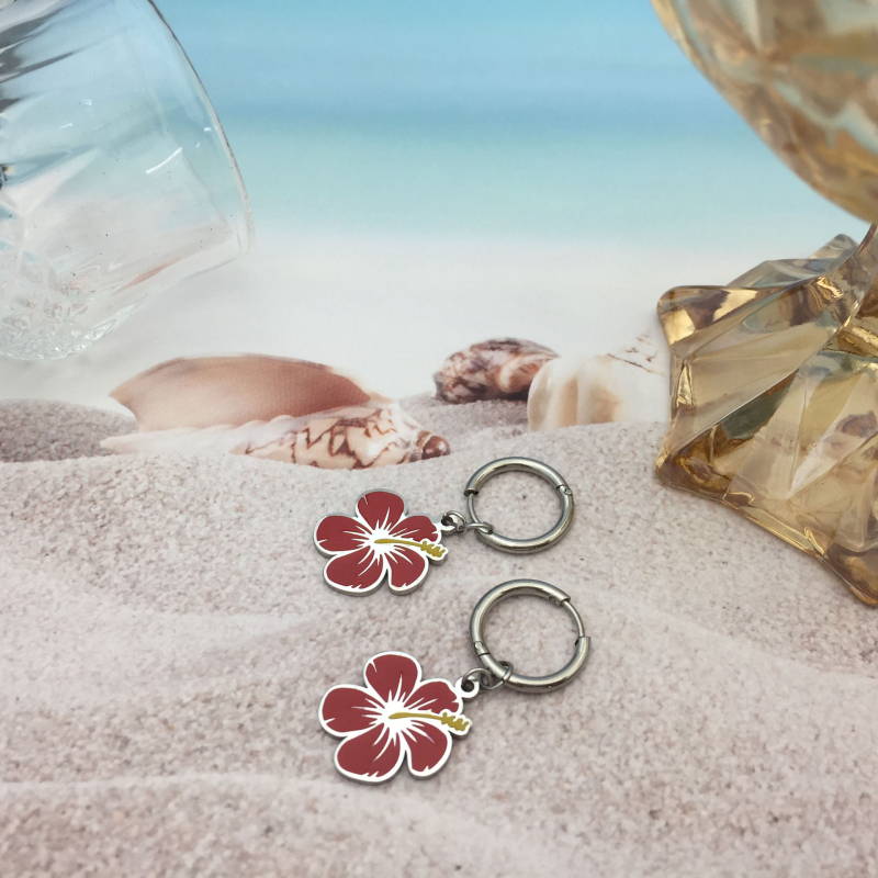 Hawaii-stílusú fülbevaló hibiszkusz virággal, rozsdamentes acélból, patinált felület