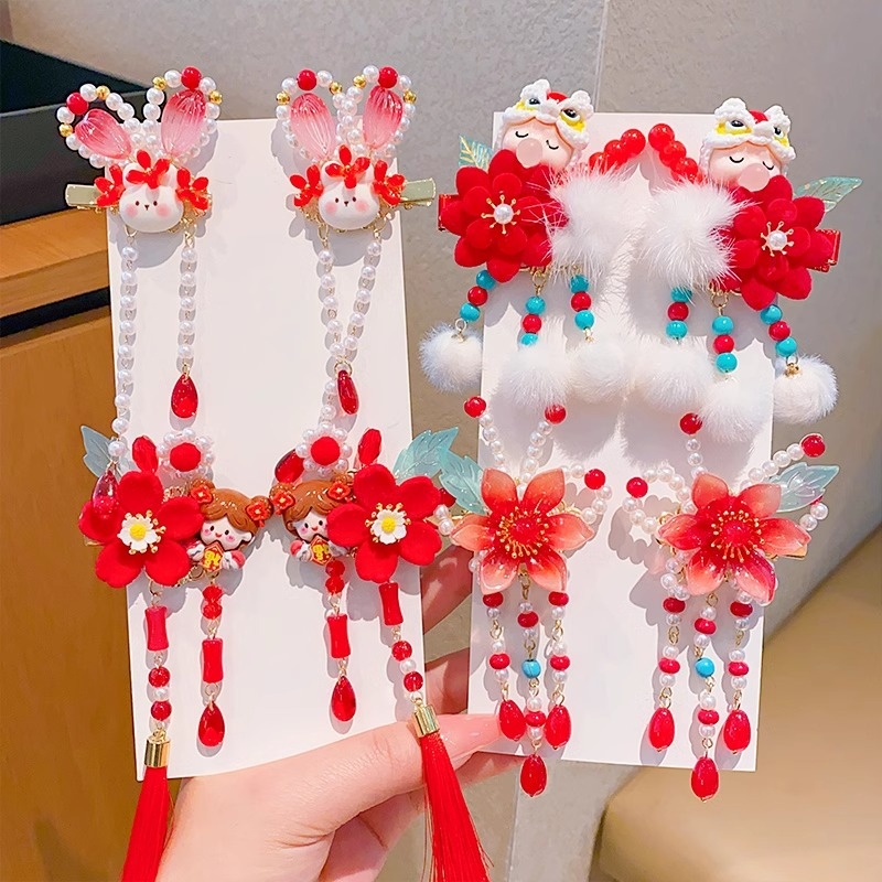 Gyerekeknek szóló ősi stílusú hercegnő vörös tassel hajtű Hanfu-hoz, virágos klipsz