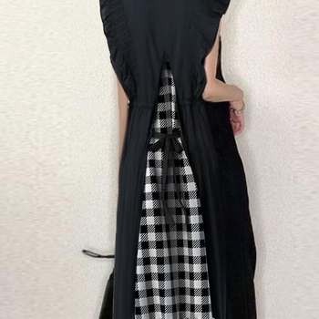 2026 japán stílusú nyári női ruha hátsó kötővel, kockás minta, patchwork, fodros ujjakkal, V-nyak