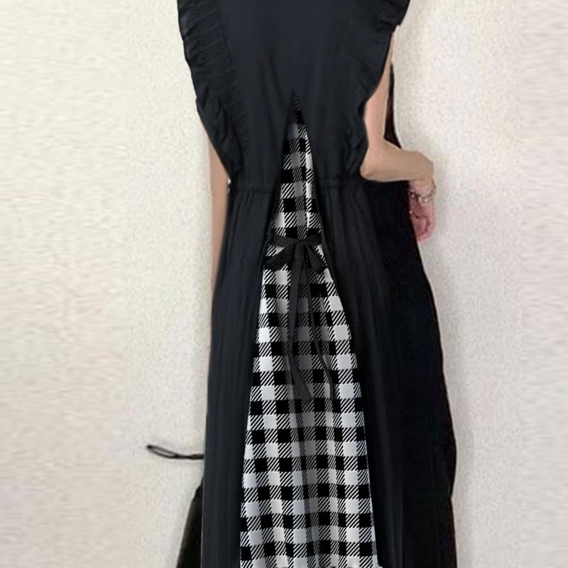 2026 japán stílusú nyári női ruha hátsó kötővel, kockás minta, patchwork, fodros ujjakkal, V-nyak