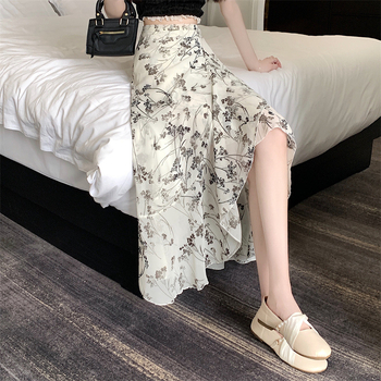 Virágmintás chiffon midi szoknya fodrokkal, kötőövvel és hasítékkal, női nyári viselet