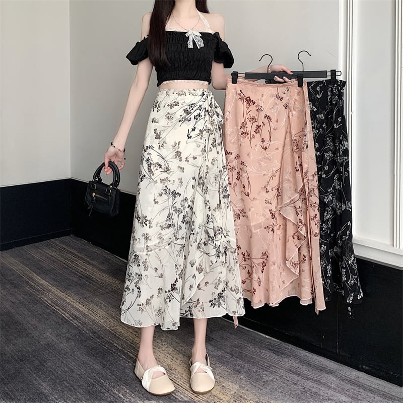 Virágmintás chiffon midi szoknya fodrokkal, kötőövvel és hasítékkal, női nyári viselet