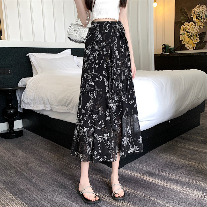 Virágmintás chiffon midi szoknya fodrokkal, kötőövvel és hasítékkal, női nyári viselet