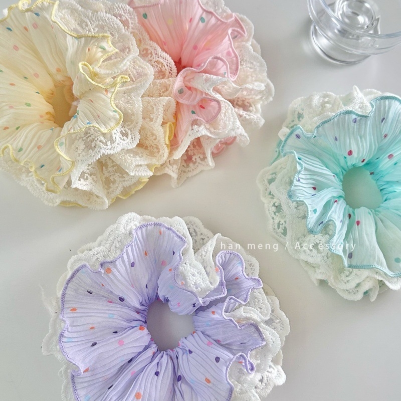 Pamut csipkés hajgumi copfhoz, színes pöttyökkel, rugalmas, koreai stílus.