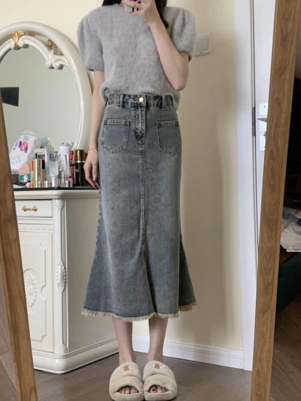 Rifľová sukňa s rybím chvostom pre väčšie veľkosti s rozstrapkaným lemom, retro áčkový strih, midi dĺžka pre postavy typu hruška