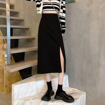 Royal Senton Plus Size Μαύρη Α-γραμμή Μακριά Φούστα Με Μπροστινό Σκίσιμο