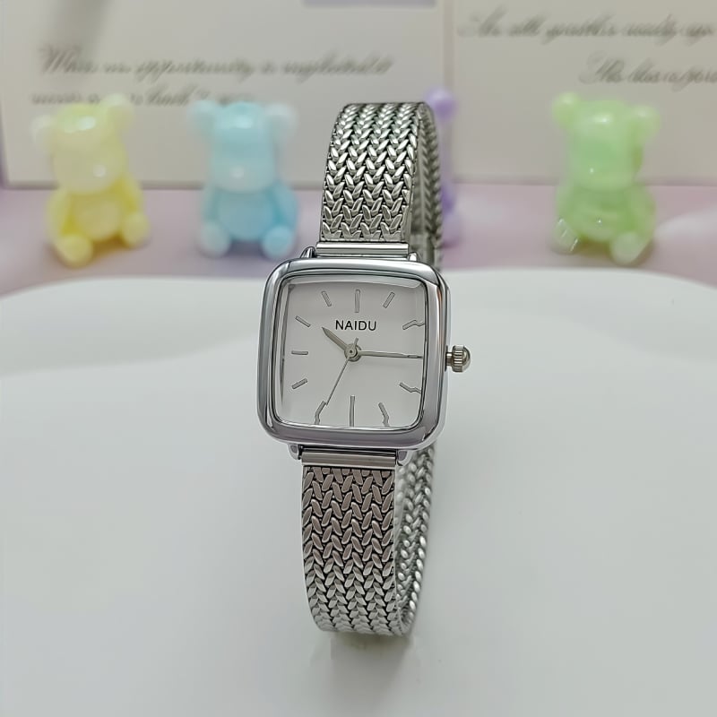 Ceas quartz pentru femei, cadran pătrat, curea din plasă metalică în model oase de pește, curea din oțel inoxidabil, stil forestier