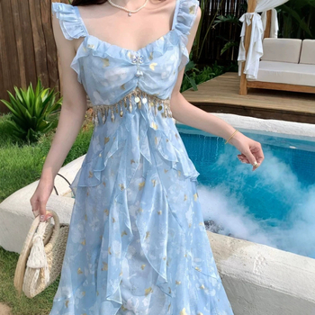 Kék francia tea dress nőknek, pántos ruha, nyári strand-nyaraláshoz, maxi fazon, plusz méret.
