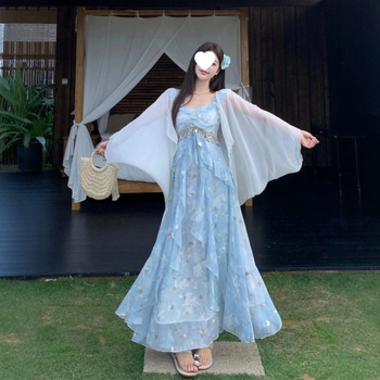 Kék francia tea dress nőknek, pántos ruha, nyári strand-nyaraláshoz, maxi fazon, plusz méret.