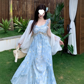 Kék francia tea dress nőknek, pántos ruha, nyári strand-nyaraláshoz, maxi fazon, plusz méret.