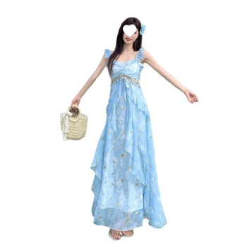 Kék francia tea dress nőknek, pántos ruha, nyári strand-nyaraláshoz, maxi fazon, plusz méret.