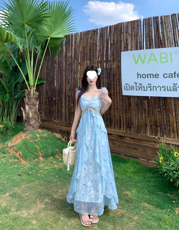 Kék francia tea dress nőknek, pántos ruha, nyári strand-nyaraláshoz, maxi fazon, plusz méret.