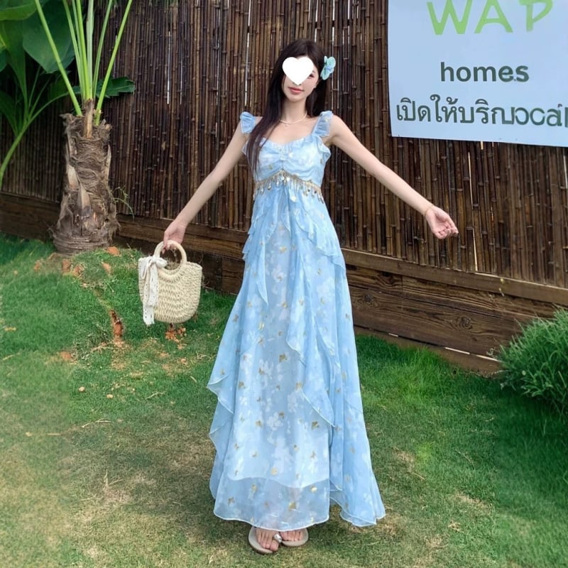Kék francia tea dress nőknek, pántos ruha, nyári strand-nyaraláshoz, maxi fazon, plusz méret.