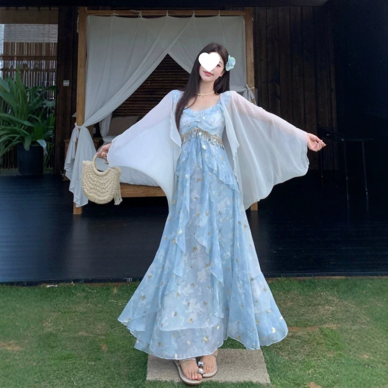 Kék francia tea dress nőknek, pántos ruha, nyári strand-nyaraláshoz, maxi fazon, plusz méret.