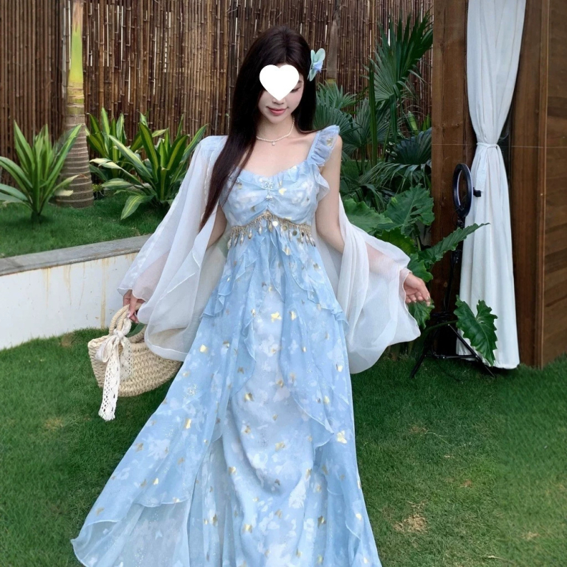 Kék francia tea dress nőknek, pántos ruha, nyári strand-nyaraláshoz, maxi fazon, plusz méret.