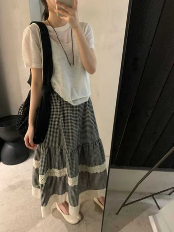 Καρό φούστα σε ιαπωνικό στυλ Cake Skirt με δαντελένιο ύφος, καλλιτεχνικό και φρέσκο, θηλυκό και casual, μακριά midi φούστα
