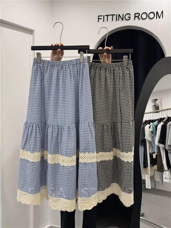 Καρό φούστα σε ιαπωνικό στυλ Cake Skirt με δαντελένιο ύφος, καλλιτεχνικό και φρέσκο, θηλυκό και casual, μακριά midi φούστα