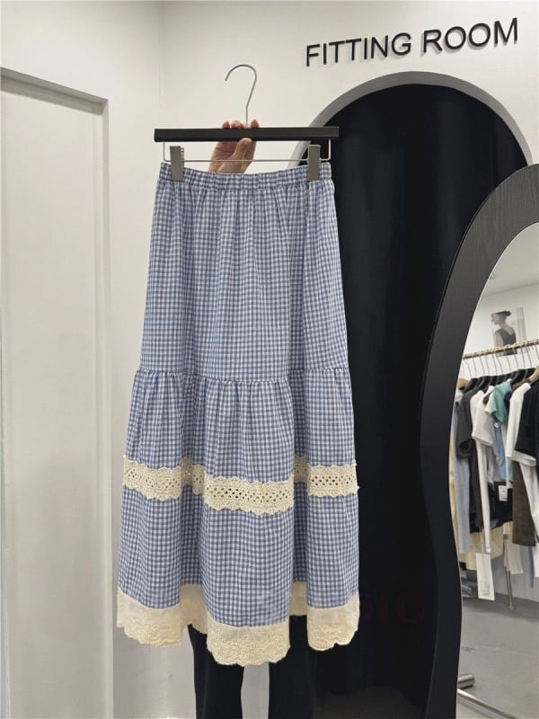 Καρό φούστα σε ιαπωνικό στυλ Cake Skirt με δαντελένιο ύφος, καλλιτεχνικό και φρέσκο, θηλυκό και casual, μακριά midi φούστα