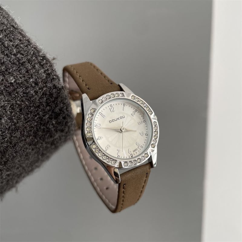 Ceas dama cu diamante pentru eleve liceu, cadran analog cu ace, stil retro casual, decor din strasuri, inspirat de Chanel