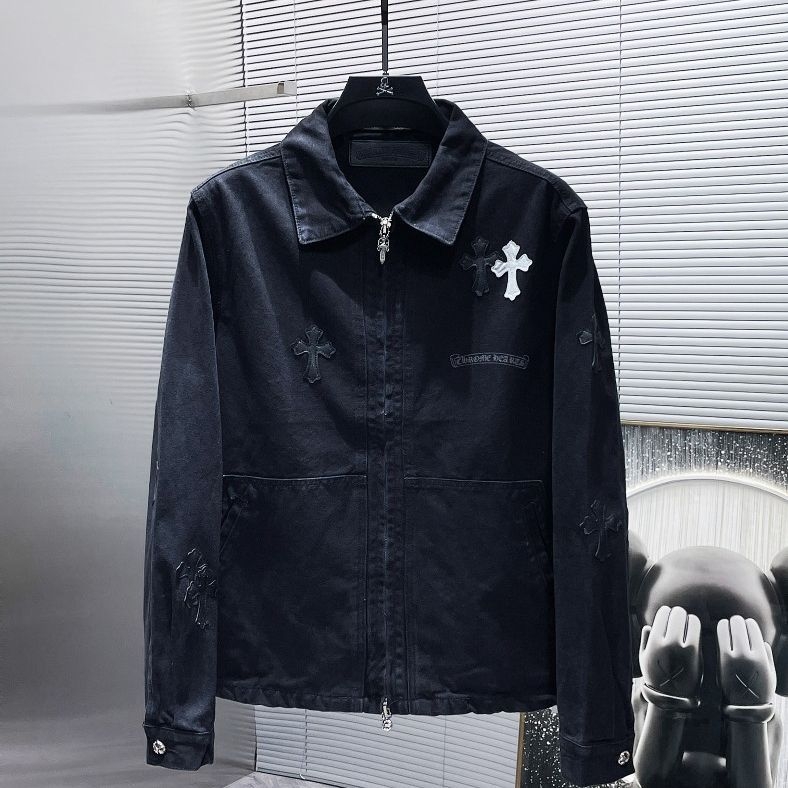 Jachetă de denim Klorin, unisex, croi lejer, patch din piele în formă de cruce, stil versatil – model nou greu