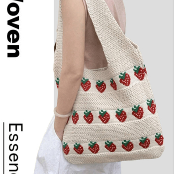 Geantă tote cu model căpșună, croșetată, capacitate mare, geantă de mână pentru femei, crossbody