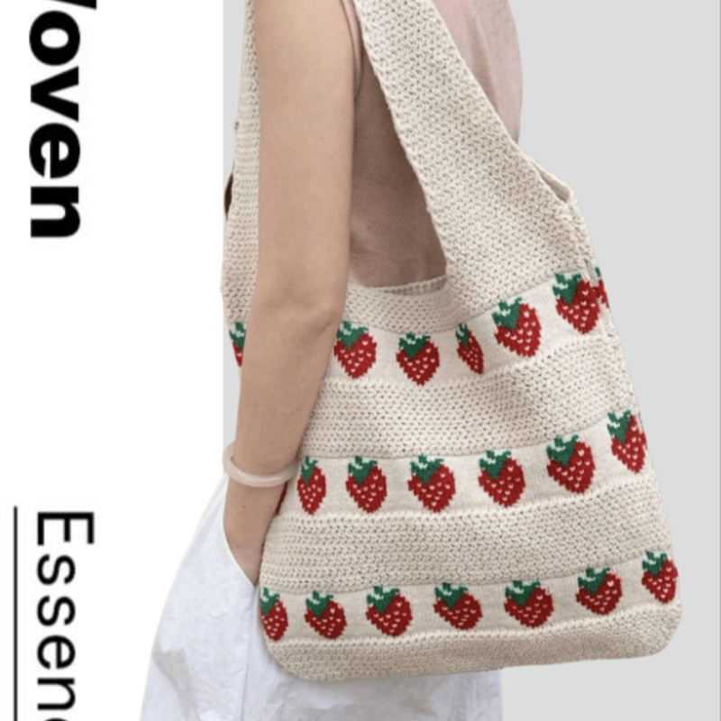 Geantă tote cu model căpșună, croșetată, capacitate mare, geantă de mână pentru femei, crossbody