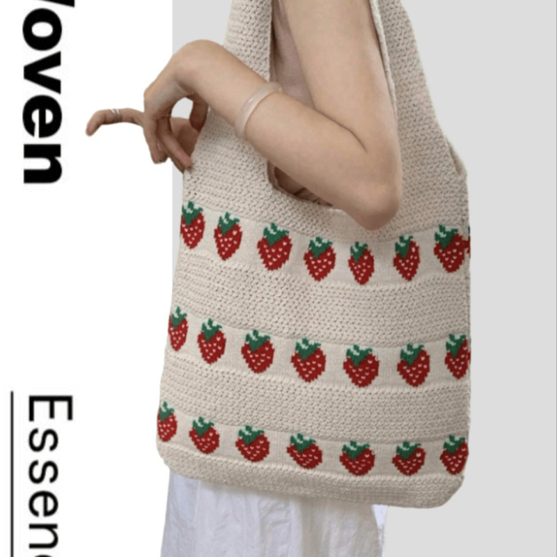 Geantă tote cu model căpșună, croșetată, capacitate mare, geantă de mână pentru femei, crossbody