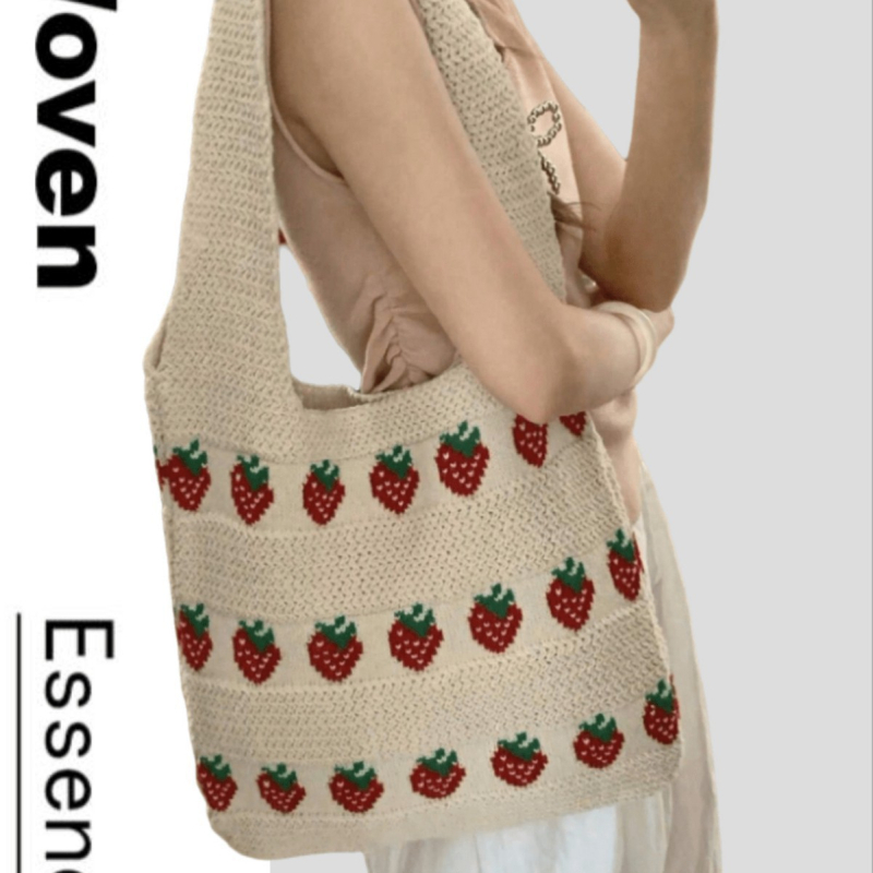 Geantă tote cu model căpșună, croșetată, capacitate mare, geantă de mână pentru femei, crossbody