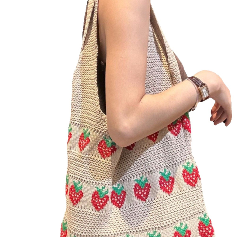 Geantă tote cu model căpșună, croșetată, capacitate mare, geantă de mână pentru femei, crossbody