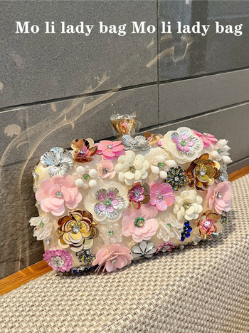 Geantă roz cu flori 3D, clutch de seară mic, pătrată, cu cristale, pentru femei