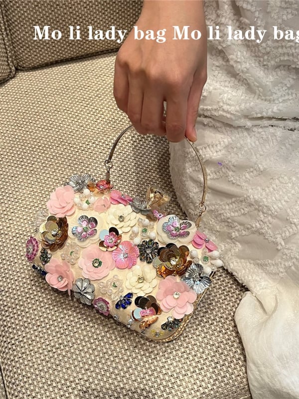 Geantă roz cu flori 3D, clutch de seară mic, pătrată, cu cristale, pentru femei