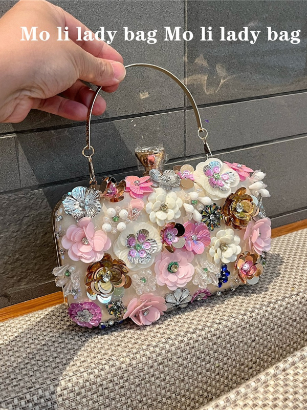 Geantă roz cu flori 3D, clutch de seară mic, pătrată, cu cristale, pentru femei