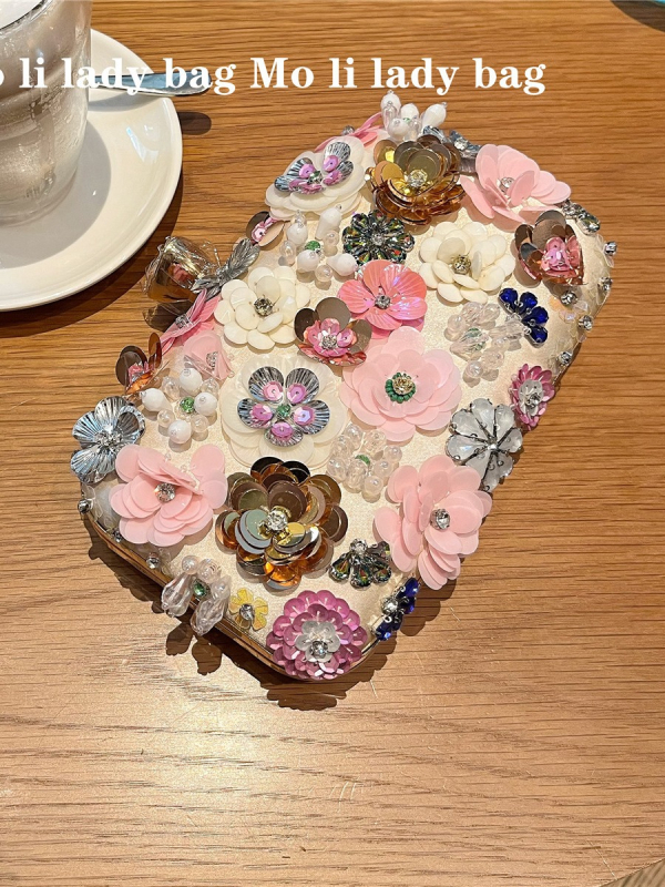 Geantă roz cu flori 3D, clutch de seară mic, pătrată, cu cristale, pentru femei