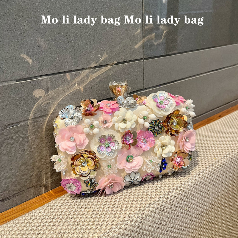 Geantă roz cu flori 3D, clutch de seară mic, pătrată, cu cristale, pentru femei