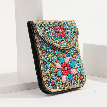Geantă crossbody în stil etnic, din piele, cu mărgele, buzunar pentru telefon, mică, pătrată, look retro