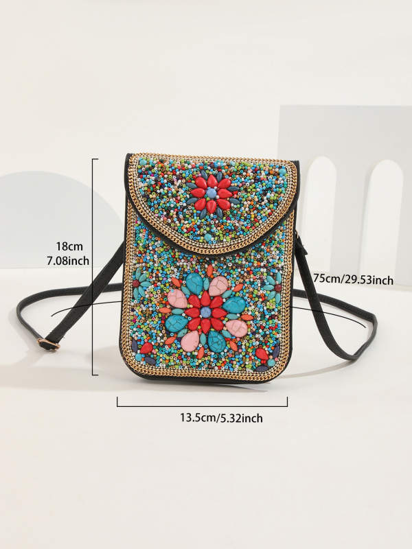Geantă crossbody în stil etnic, din piele, cu mărgele, buzunar pentru telefon, mică, pătrată, look retro