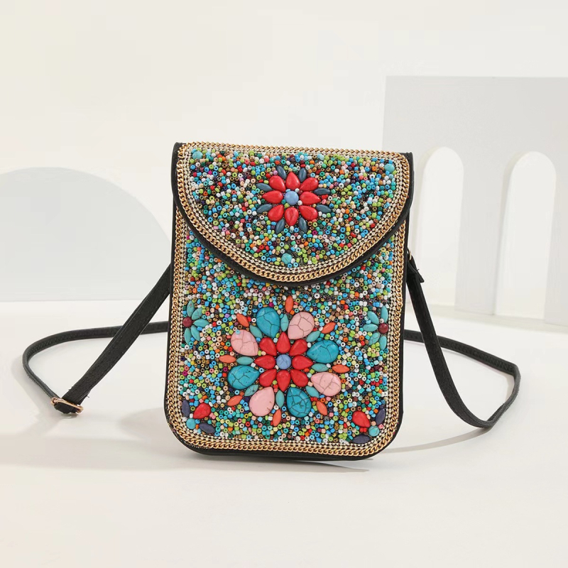 Geantă crossbody în stil etnic, din piele, cu mărgele, buzunar pentru telefon, mică, pătrată, look retro