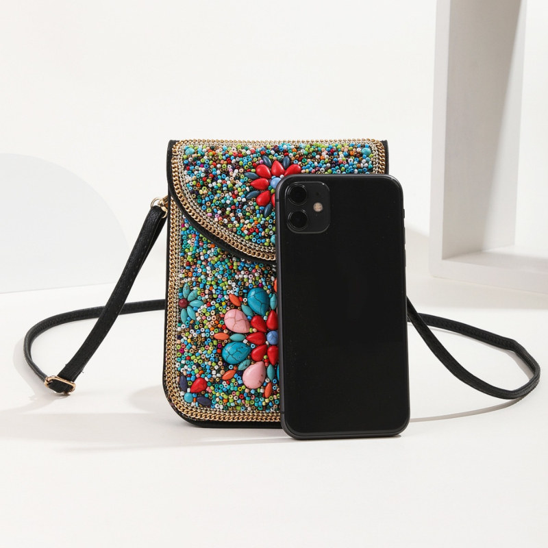 Geantă crossbody în stil etnic, din piele, cu mărgele, buzunar pentru telefon, mică, pătrată, look retro