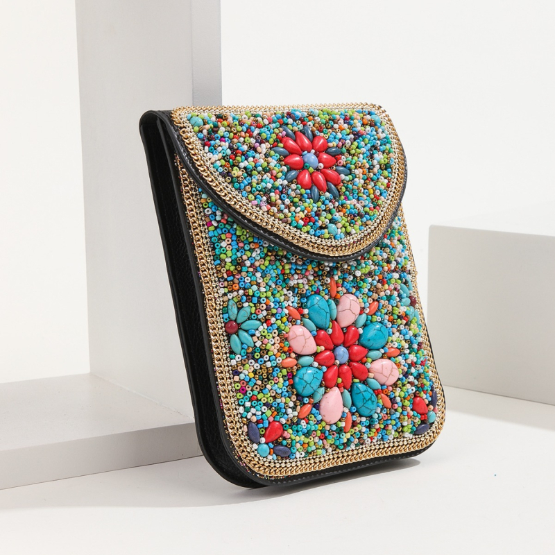 Geantă crossbody în stil etnic, din piele, cu mărgele, buzunar pentru telefon, mică, pătrată, look retro